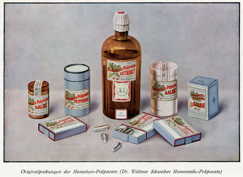 Alte Originalpackungen der Hamamelis-Präparate von Dr. Willmar Schwabe